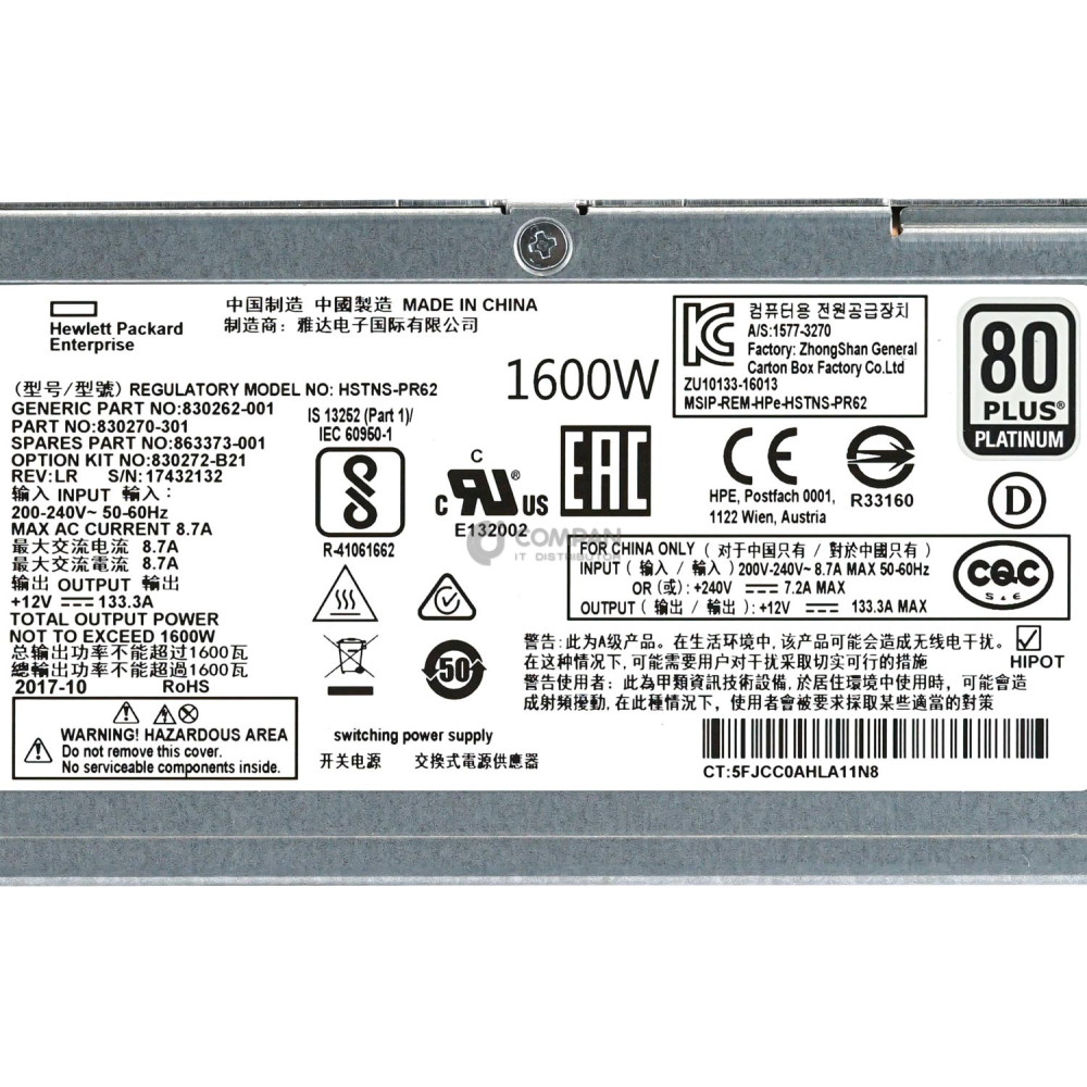 863373-001 HP 1600W FLEX 80 PLUS PLATINUM POWER SUPPLY FOR HP PROLIANT G10